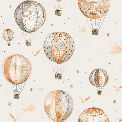 Illustrated pattern of hot air balloons in beige and gray tones, floating among clouds, stars, and birds on a light background.