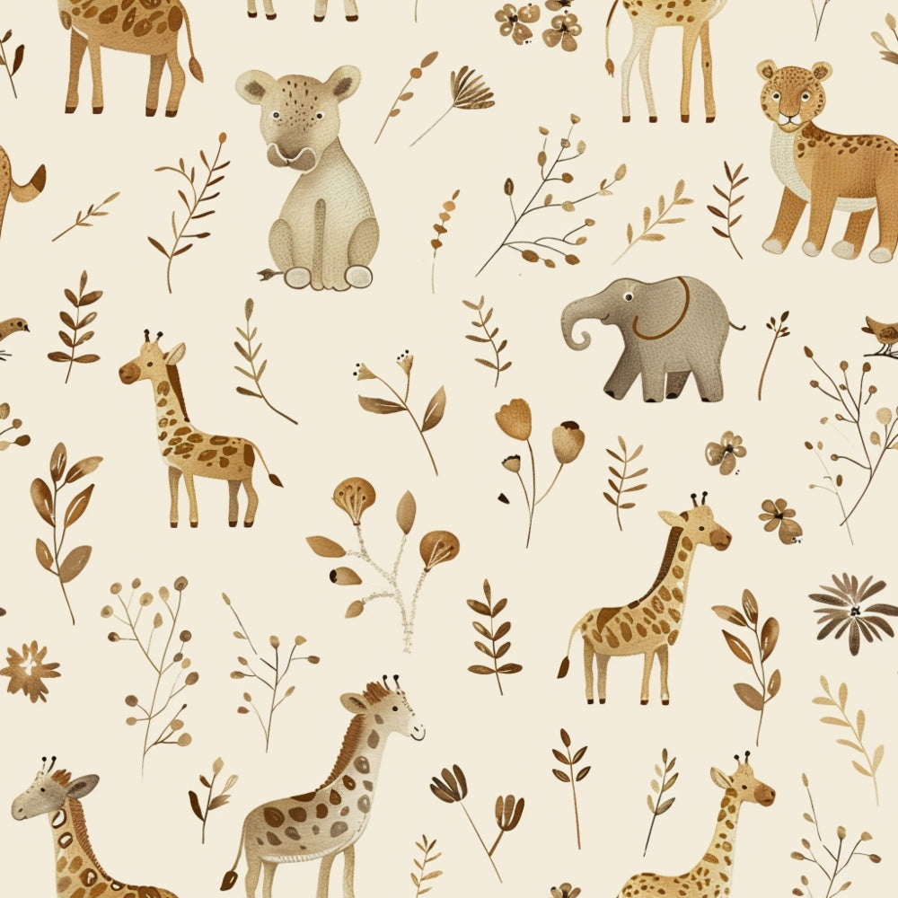 Pattern featuring illustrated safari animals such as lions, elephants, and giraffes, along with various flowers and leaves, on a light beige background.