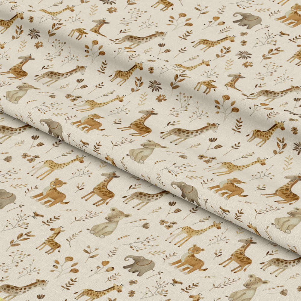 - Neutral Newborn Pattern 19 Quilting Cotton Fabric  
- Beige, cream, brown, tan colors  
- Animal illustrations, giraffes, elephants, koalas, lions  
- Botanical elements, leaves, flowers  
- Soft, cozy, natural tones  
- Quilting fabric, cotton textile, nursery design  
- Gentle, playful, nature-inspired pattern