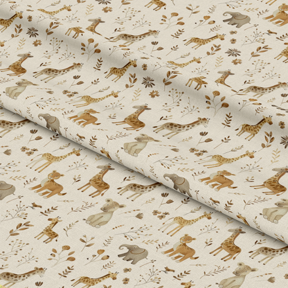 - Neutral Newborn Pattern 19 Quilting Cotton Fabric  
- Beige, cream, brown, tan colors  
- Animal illustrations, giraffes, elephants, koalas, lions  
- Botanical elements, leaves, flowers  
- Soft, cozy, natural tones  
- Quilting fabric, cotton textile, nursery design  
- Gentle, playful, nature-inspired pattern
