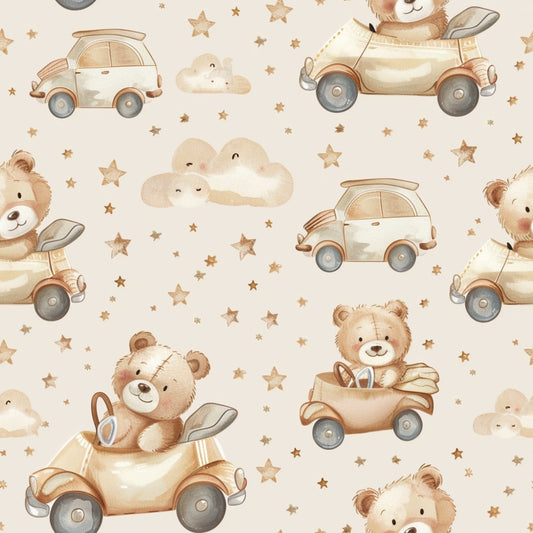 Pattern of teddy bears driving cars among stars and clouds on a beige background.