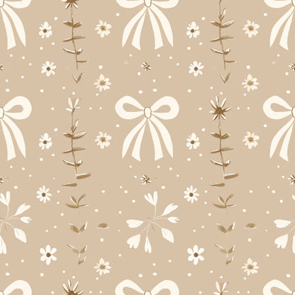 A beige background with a repeating pattern of white bows, flowers, dots, and leaves.