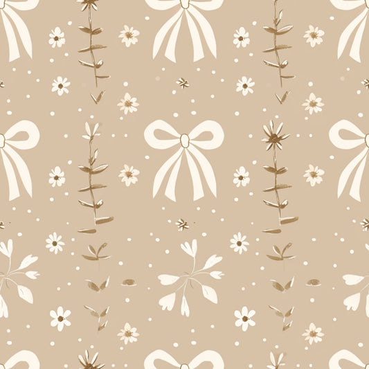 A beige background with a repeating pattern of white bows, flowers, dots, and leaves.