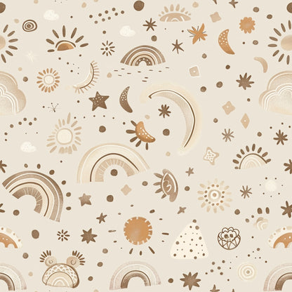 Abstract pattern with rainbows, suns, stars, and moons in earthy tones on a beige background.