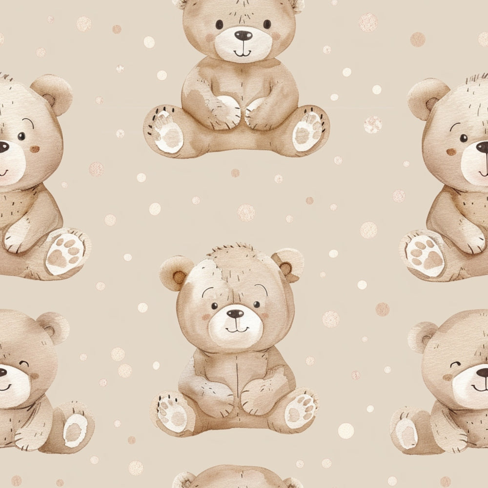 Pattern of cute, brown teddy bears sitting with paws outstretched on a beige background with light polka dots.