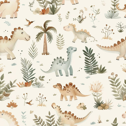 Illustrated dinosaurs and prehistoric plants in a repeating pattern with soft colors on a light background.