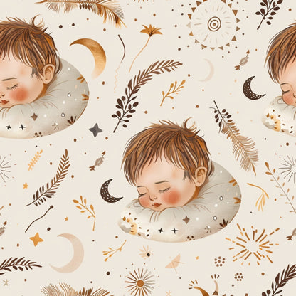 Illustrated pattern of a sleeping baby surrounded by stars, moons, plants, and celestial motifs on a light background.