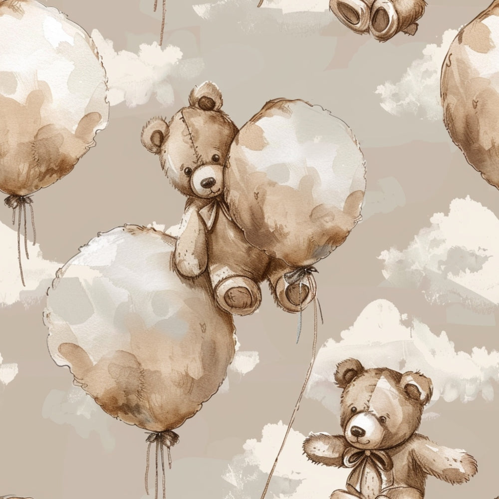 Illustrated teddy bears holding balloons float among clouds on a beige background.