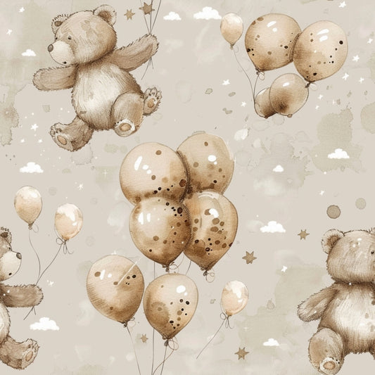 Patterned image featuring teddy bears and bundles of tan balloons against a beige background with clouds and stars.