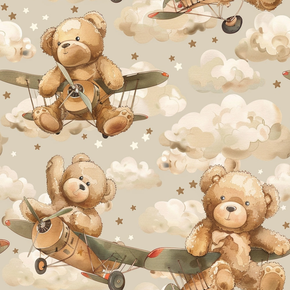 Illustration of teddy bears flying vintage airplanes among clouds and stars on a beige background.