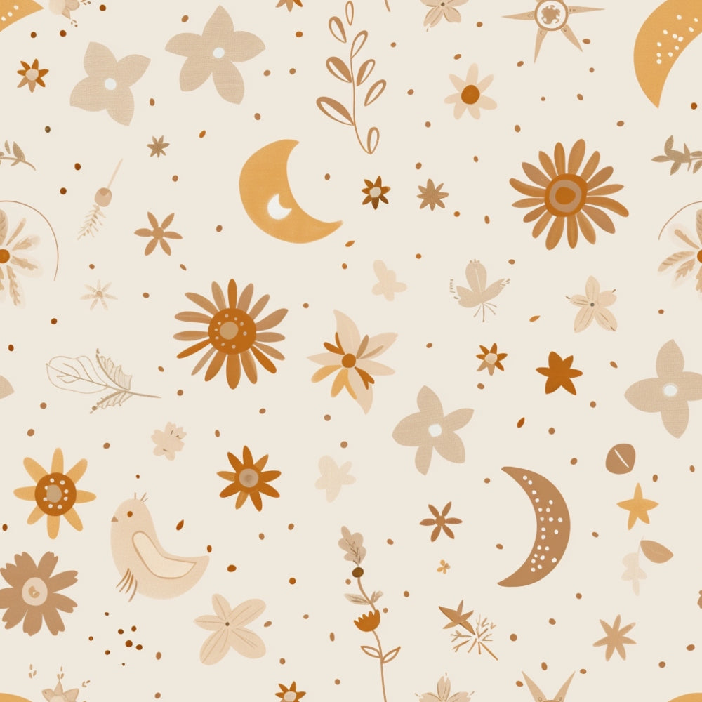 Pattern with orange and beige flowers, moons, stars, and leaves on a light background.