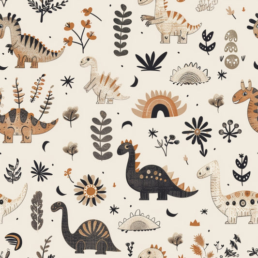 Pattern of cartoon dinosaurs and plants in earthy tones on a beige background, featuring various dinosaur species, flowers, and leaves.