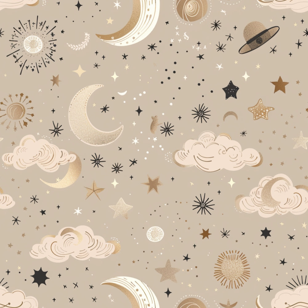 Patterned background with moons, stars, clouds, suns, and a planet with rings on a beige backdrop.