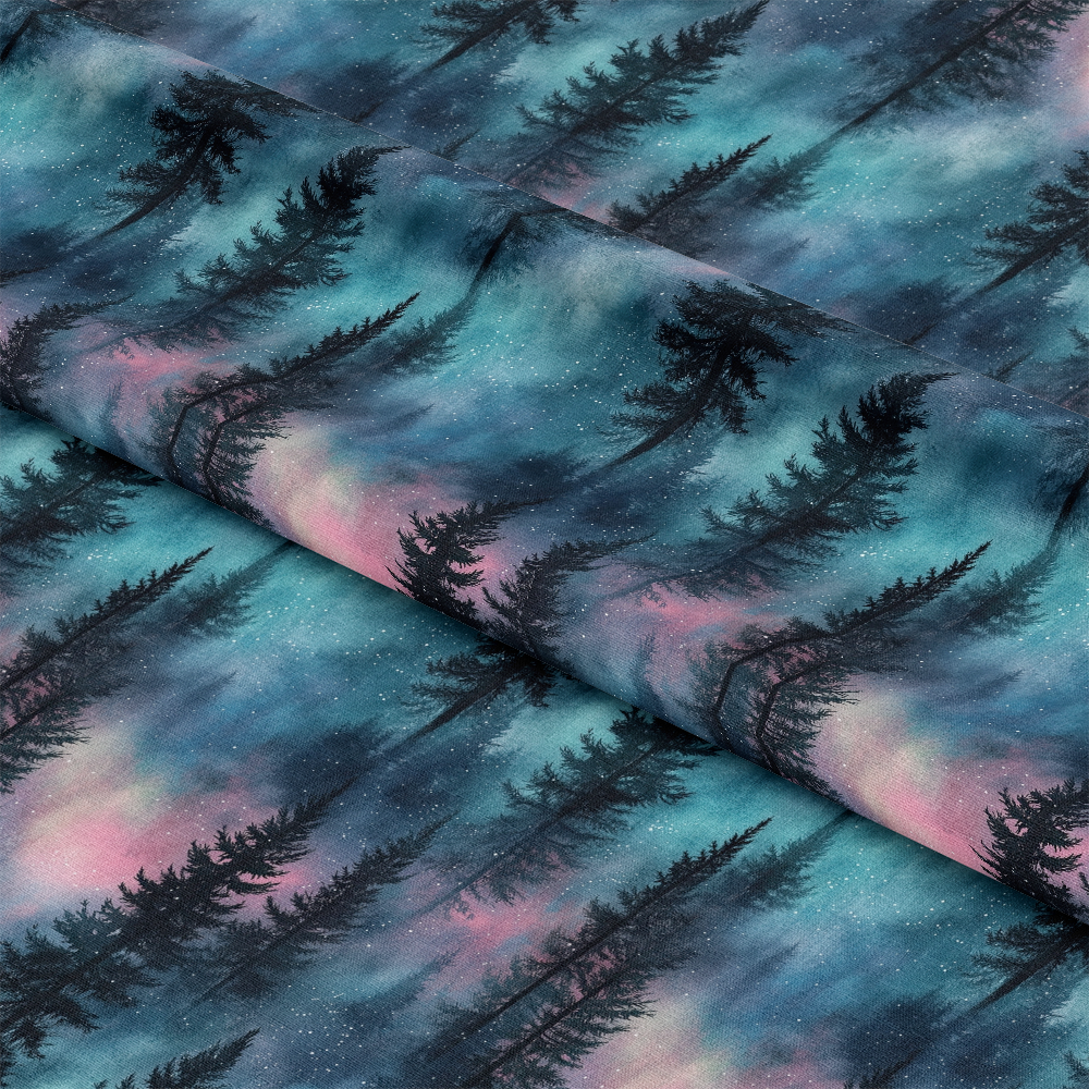 - Northern Lights Forest Pattern 11 Quilting Cotton Fabric  
- Quilting fabric  
- Cotton textile  
- Dark pine tree silhouettes  
- Blue, teal, pink colors  
- Night sky design  
- Nature-inspired print  
- Soft cotton material  
- Artistic woodland scene  
- Fabric for sewing and crafting