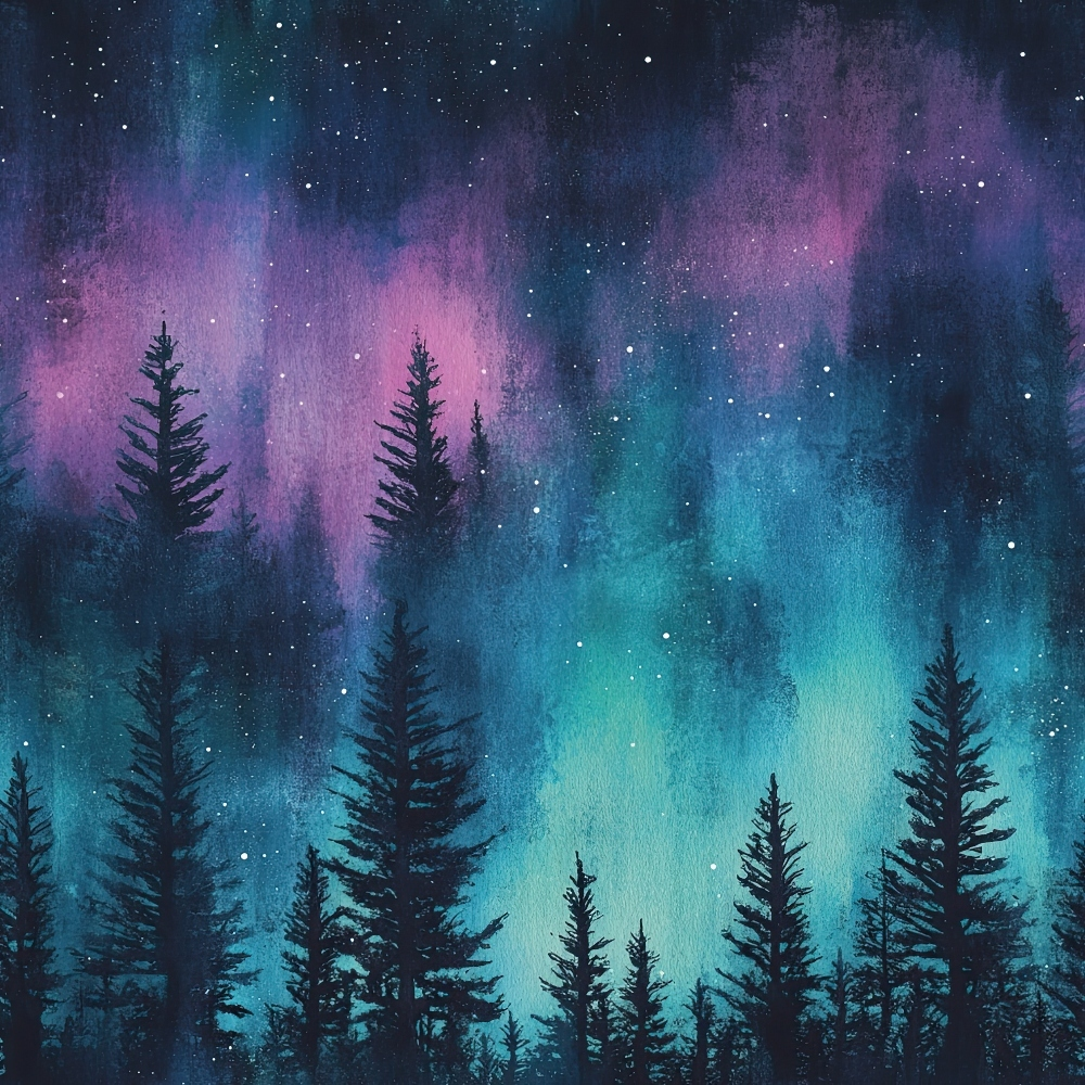 Colorful forest silhouette against a starry sky with purple and blue auroras.