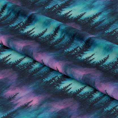 Northern Lights Forest Pattern 12 Quilting Cotton Fabric, cotton, quilting, fabric, nature, forest silhouette, night sky, aurora borealis colors, green, purple, blue, black, trees, woodland, landscape, textile, craft, sewing, yardage