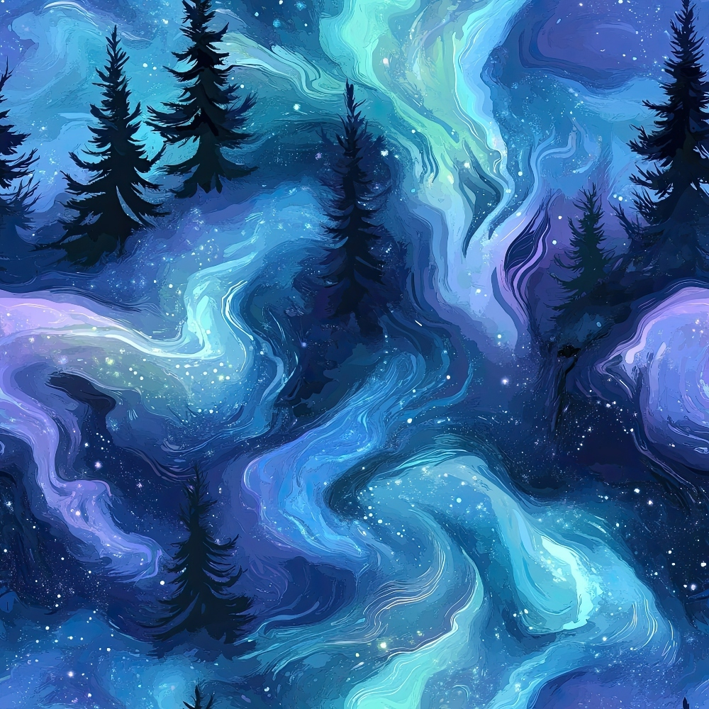 Illustrated abstract night sky with swirling blue and purple patterns, dotted with stars, and silhouetted pine trees in the foreground.