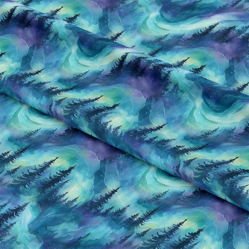 - Northern Lights Forest Pattern 26 Quilting Cotton Fabric  
- blue, green, purple, teal, black  
- forest, trees, night sky, aurora, nature  
- quilting, cotton, textile, yardage, fabric  
- artistic, watercolor, scenic, serene, layered