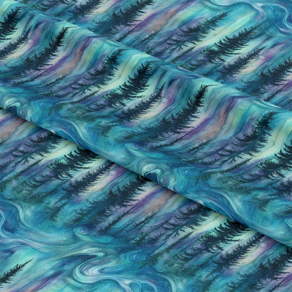 Northern Lights Forest Pattern 27 Quilting Cotton Fabric, evergreen trees, swirling aurora borealis, blue, turquoise, purple, green, nature-inspired, quilting cotton, smooth textile, artistic forest design, yardage fabric, soft cotton, woodland theme, night sky colors, scenic fabric, quilting material, vibrant colors, pine tree silhouettes, fabric yardage, cotton textile