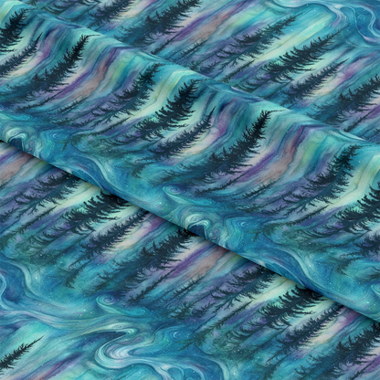 Northern Lights Forest Pattern 27 Quilting Cotton Fabric, evergreen trees, swirling aurora borealis, blue, turquoise, purple, green, nature-inspired, quilting cotton, smooth textile, artistic forest design, yardage fabric, soft cotton, woodland theme, night sky colors, scenic fabric, quilting material, vibrant colors, pine tree silhouettes, fabric yardage, cotton textile