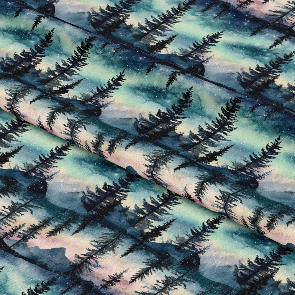 - Northern Lights Forest Pattern 2 Quilting Cotton Fabric  
- quilting cotton fabric  
- dark silhouette pine trees  
- night sky background  
- emerald green blue hues  
- pastel pink and purple shades  
- woodland nature theme  
- calming serene design  
- repeating scenic illustration  
- soft cotton textile material