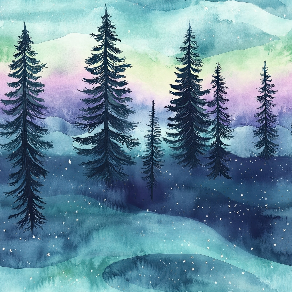 Watercolor illustration of a forest with tall evergreen trees against a background of misty hues in blue, green, and purple. The ground is dotted with small white star-like shapes.