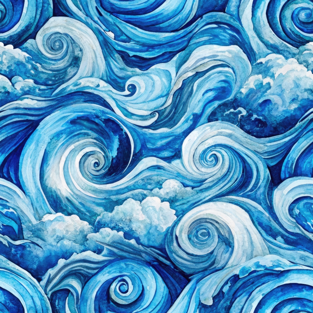 Abstract painting of swirling blue waves with white highlights, resembling ocean currents and clouds in a dynamic pattern.