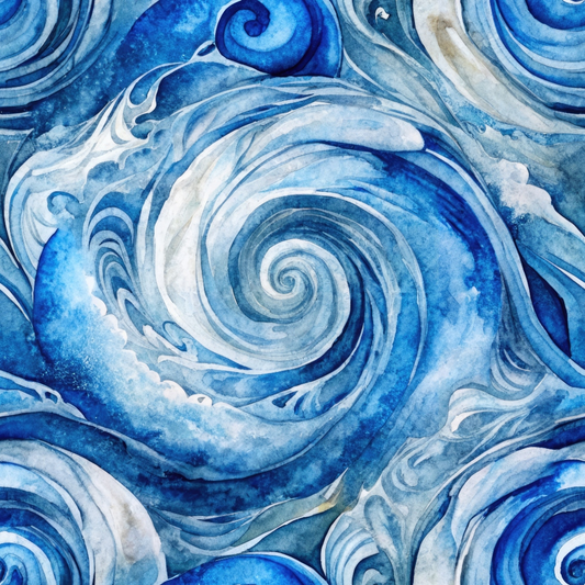 Abstract watercolor painting of swirling blue and white patterns resembling waves or spirals.