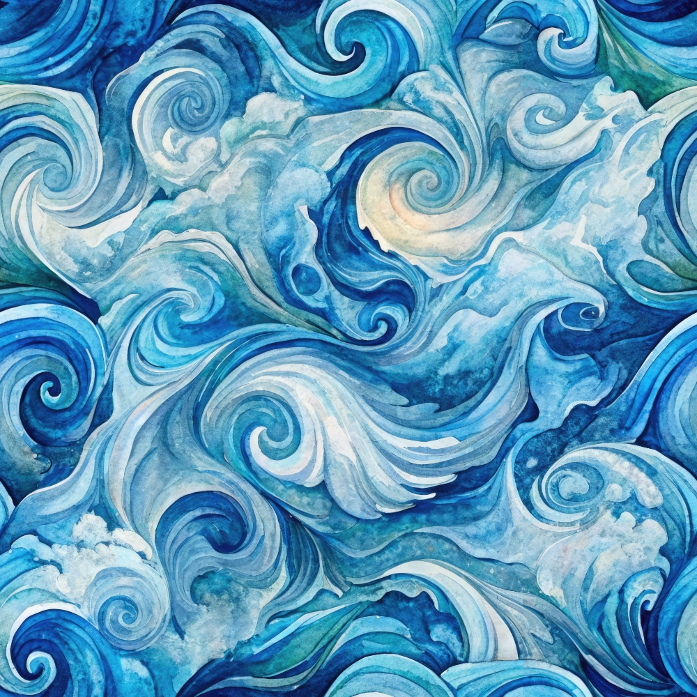 Intricate watercolor painting of swirling ocean waves in various shades of blue, depicting movement and fluidity.