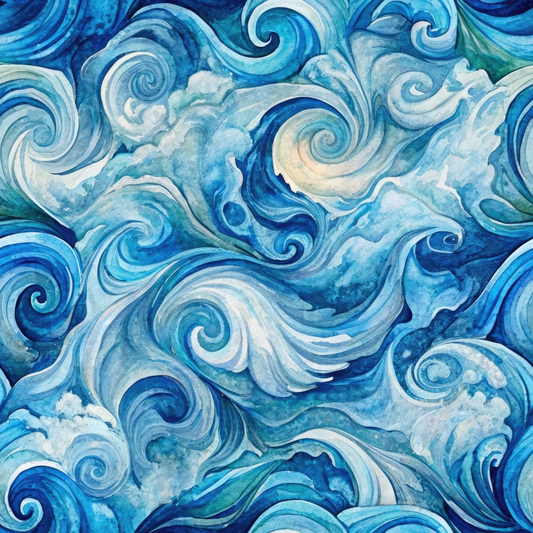 Intricate watercolor painting of swirling ocean waves in various shades of blue, depicting movement and fluidity.