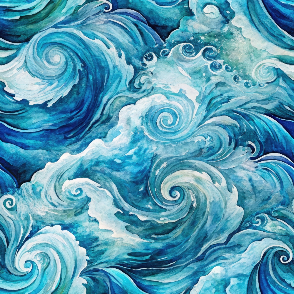 A vibrant watercolor illustration of swirling ocean waves in shades of blue and turquoise, creating a dynamic and fluid pattern.