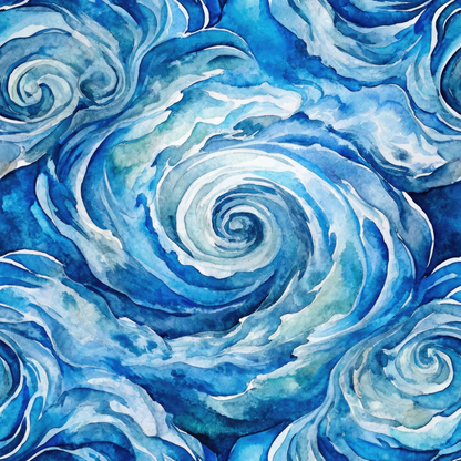 Abstract watercolor painting of swirling blue and white patterns resembling ocean waves.