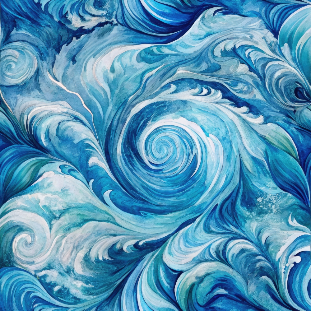 Abstract painting of swirling blue and white patterns resembling ocean waves and currents.