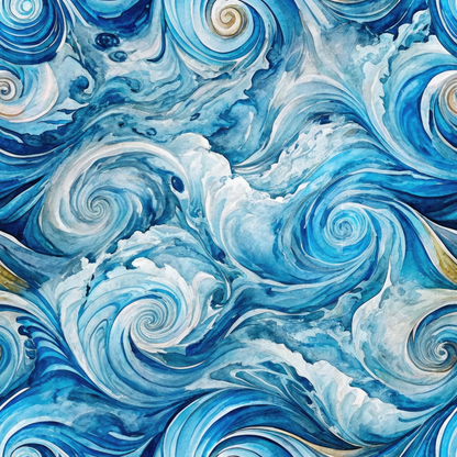 Abstract painting of swirling blue and white waves with accents of beige and gray, creating a dynamic pattern.