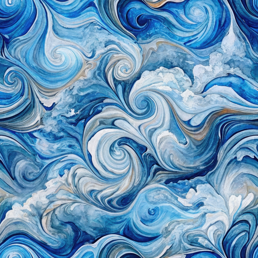 Abstract painting with swirling patterns in shades of blue, white, and gray, resembling turbulent ocean waves and clouds.