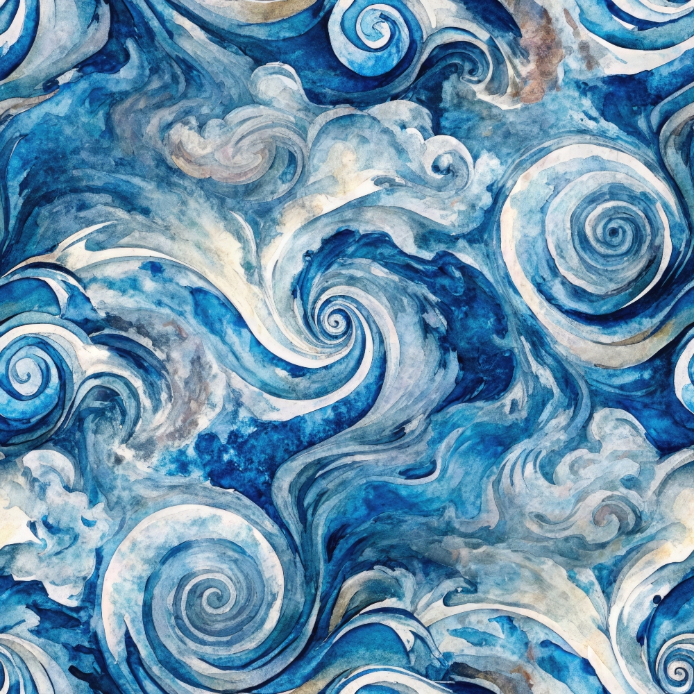 Abstract swirling pattern in shades of blue and white, resembling waves or clouds, with a watercolor effect.