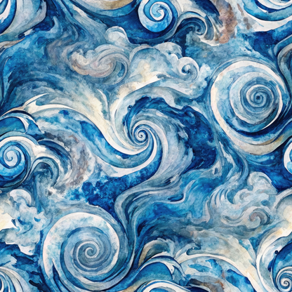 Abstract swirling pattern in shades of blue and white, resembling waves or clouds, with a watercolor effect.