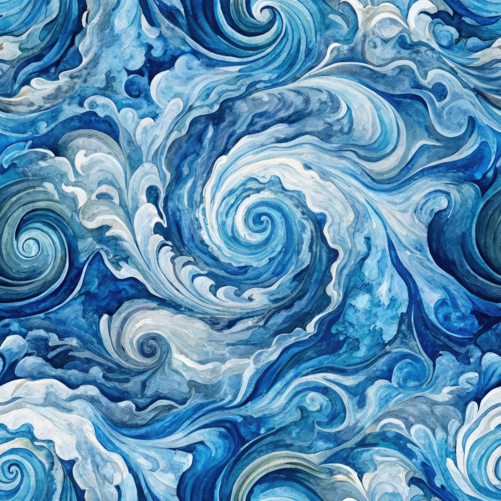 Abstract artwork featuring swirling blue and white patterns resembling water waves.