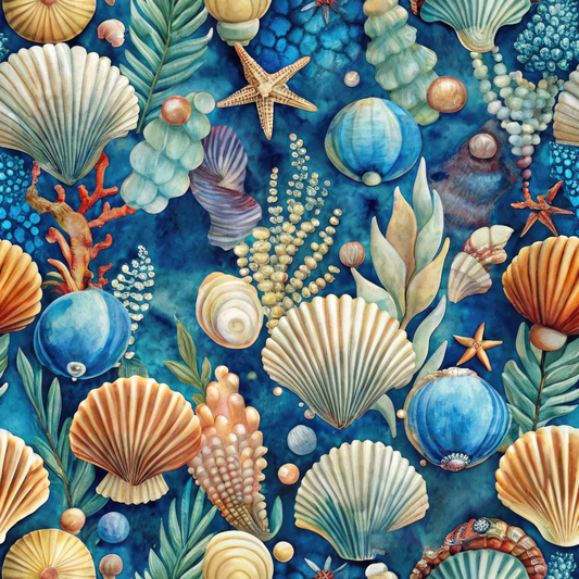 Colorful and detailed marine-themed illustration with various seashells, coral, starfish, and sea plants arranged on a blue background.