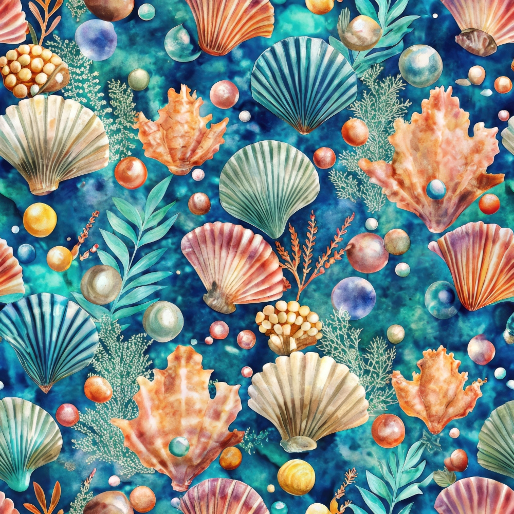 Seamless pattern featuring various seashells, coral, and multicolored bubbles on a blue background.