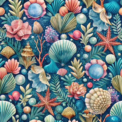 Illustrated sea-themed pattern with various colorful shells, starfish, and sea plants on a dark blue background.