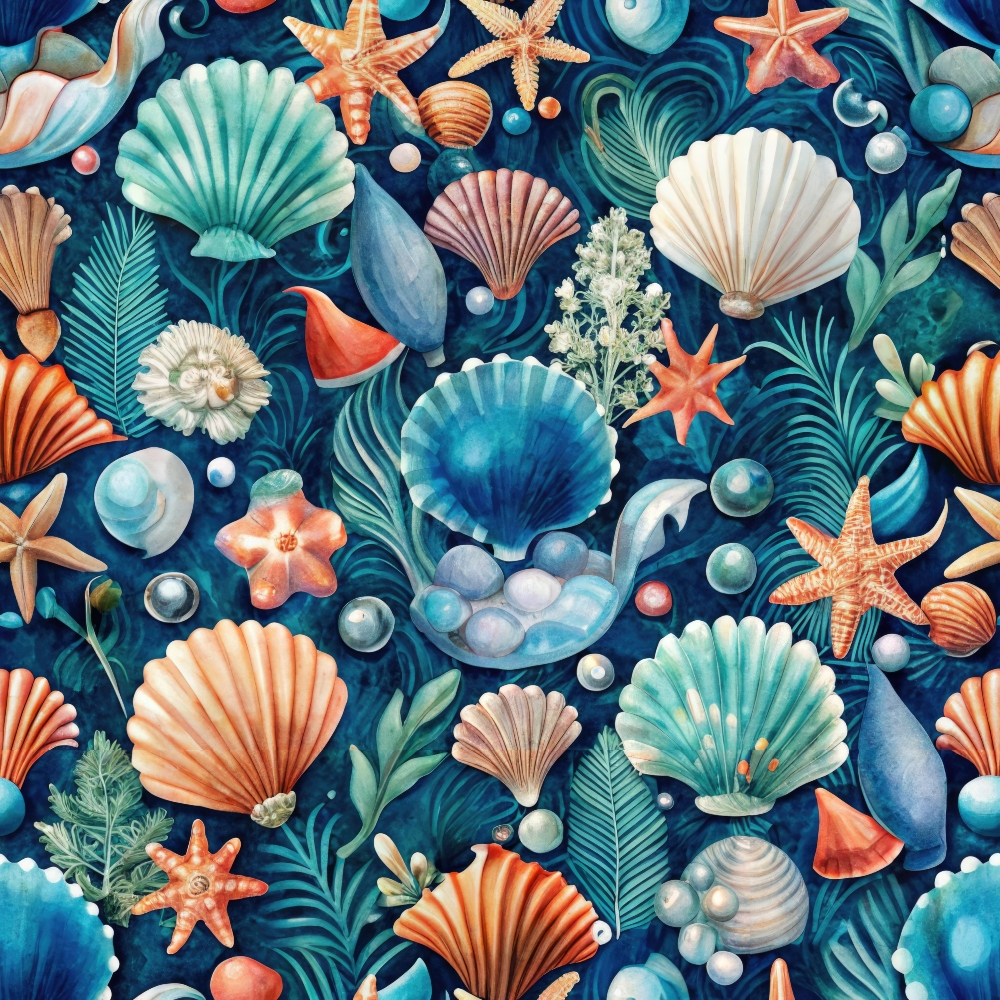 Seashells, starfish, pearls, and sea plants in varied colors and shapes are arranged decoratively on a blue background.