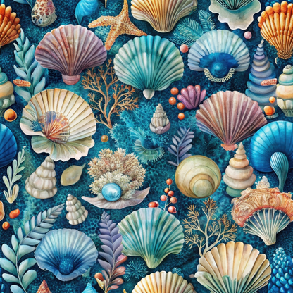 A vibrant illustration of various shells, corals, and sea plants in shades of blue, orange, and beige, arranged on a dark blue background.