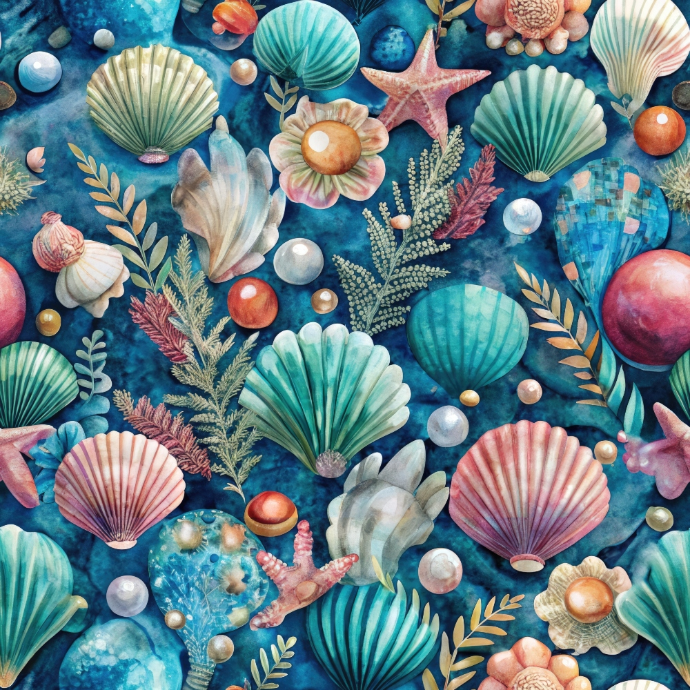 A colorful pattern featuring various seashells, starfish, seaweed, and pearls on a deep blue background.