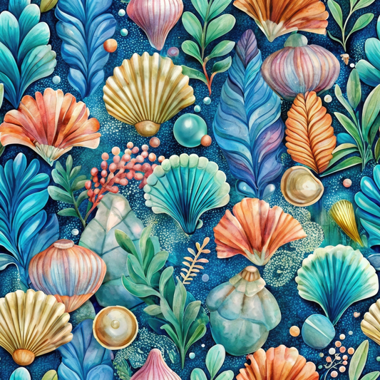 Colorful seashells and aquatic plants arranged on a blue textured background, creating a vibrant, nature-inspired pattern.