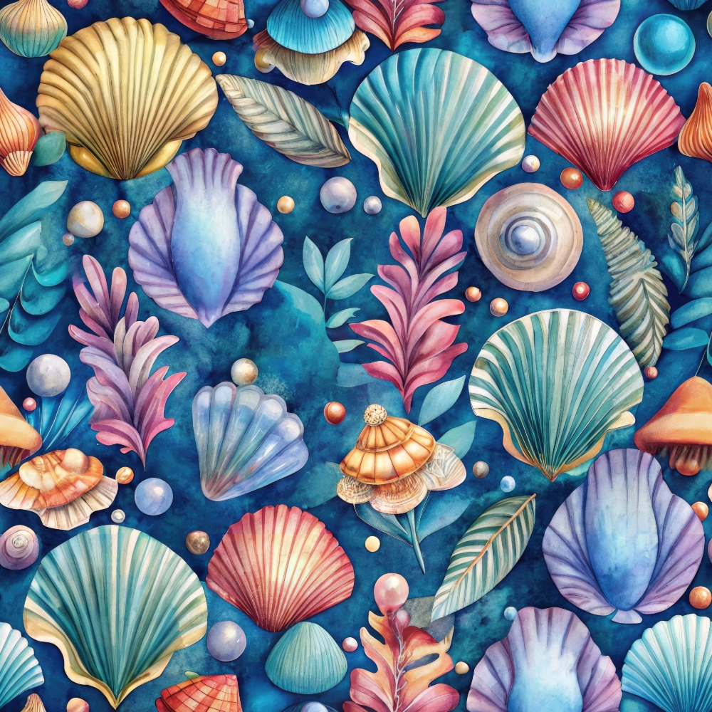 Colorful pattern of assorted seashells, leaves, and small bubbles on a blue background.