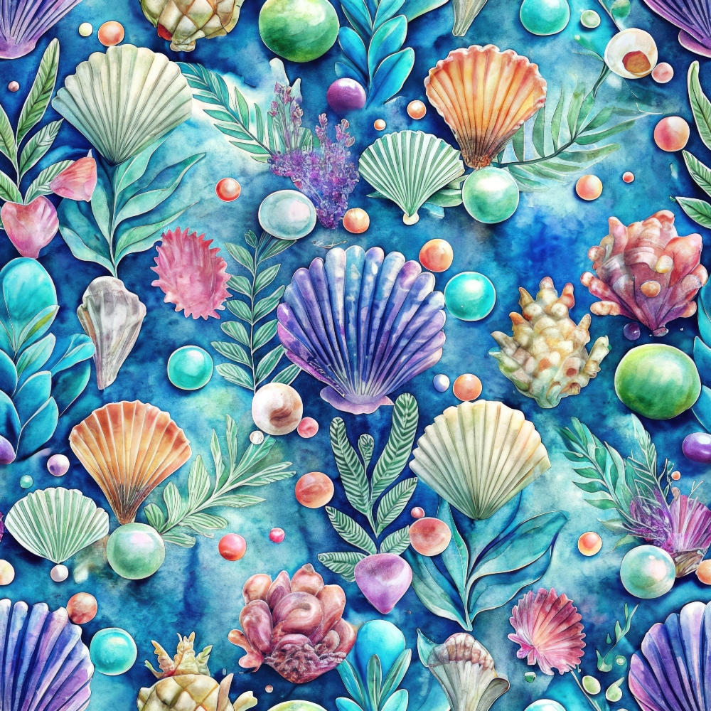 Seamless pattern featuring various colorful seashells, corals, and seaweed against a blue background.