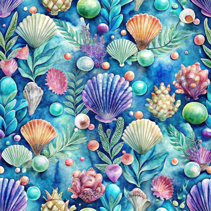 Seamless pattern featuring various colorful seashells, corals, and seaweed against a blue background.