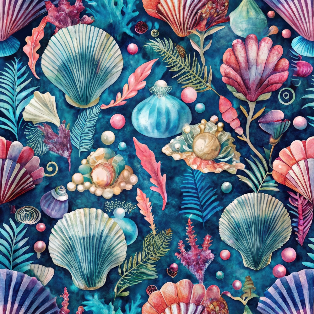 Colorful marine-themed pattern with various seashells, pearls, corals, and sea plants on a blue background.