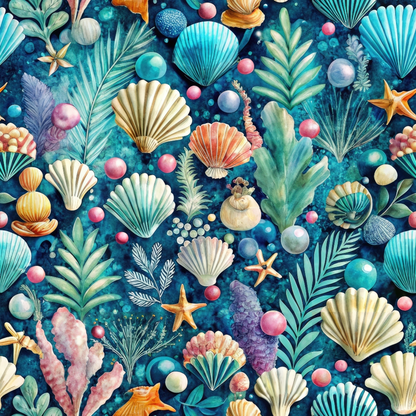 An underwater-themed illustration with seashells, starfish, coral, and tropical leaves in various colors on a blue background.